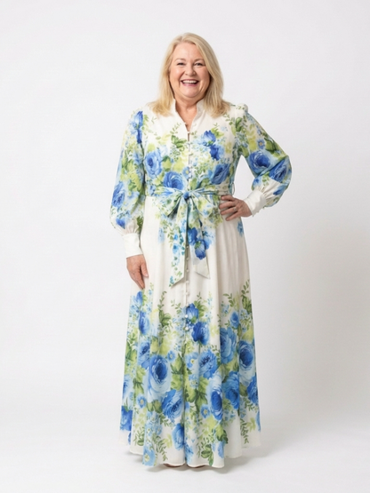 Harper | Vestido Maxi Floral de Manga Larga con Botones Delanteros