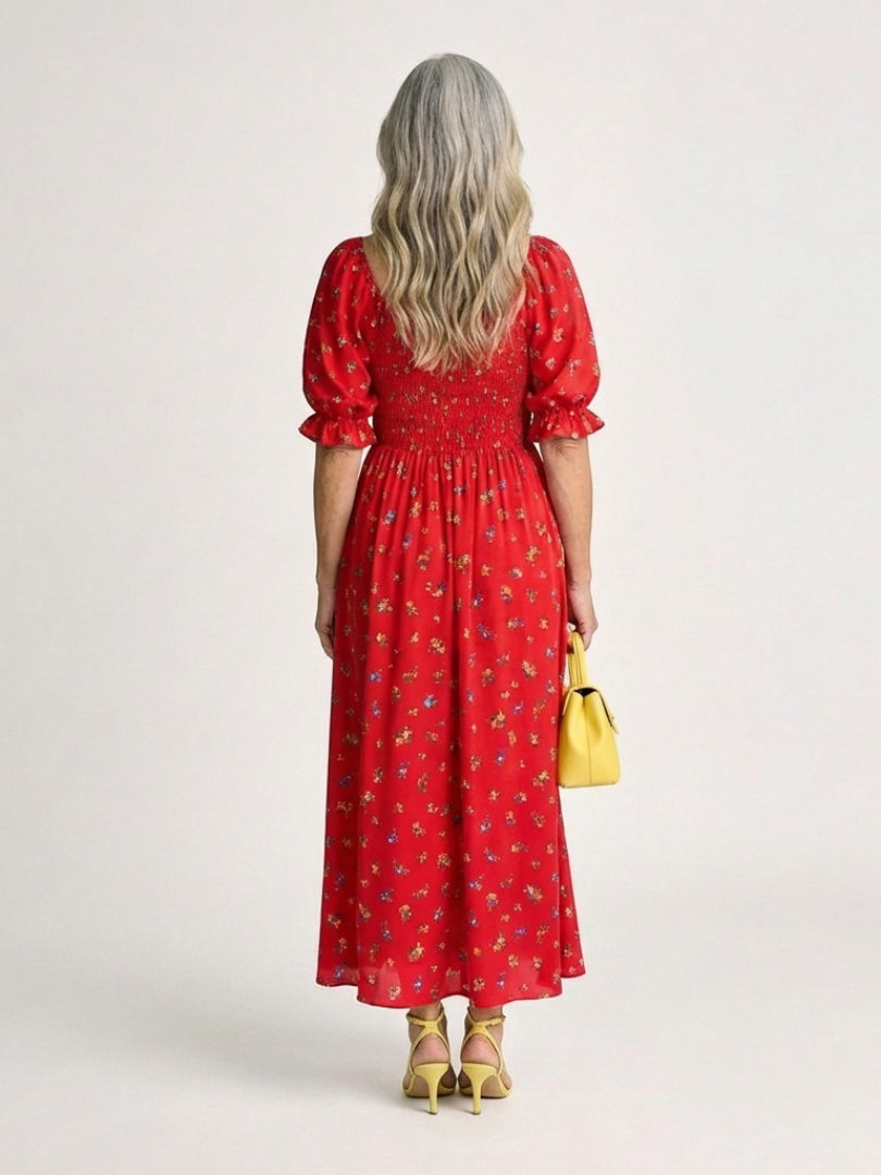 Delphine | Vestido Midi Floral con Cuello Cuadrado y Manga Abullonada