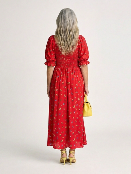 Delphine | Vestido Midi Floral con Cuello Cuadrado y Manga Abullonada