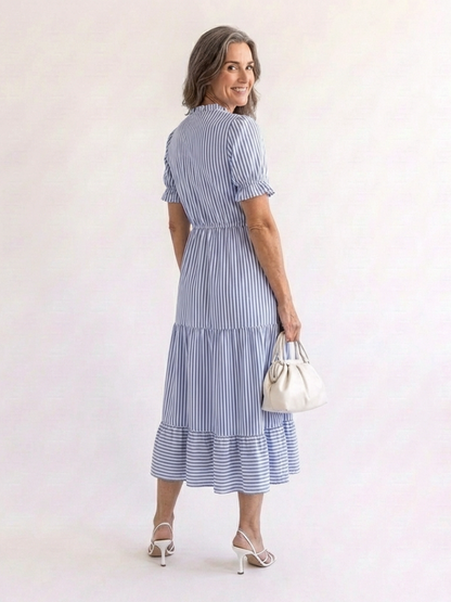 Dakota | Vestido Midi a Rayas por Niveles de Manga Corta