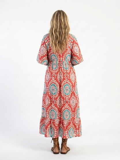 Zaria | Vestido Midi Paisley con Escote en V y Manga Corta
