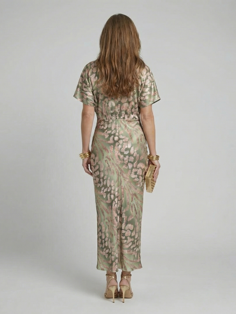 Coralie | Vestido Midi con Estampado Abstracto, Escote en V y Cintura Cruzada