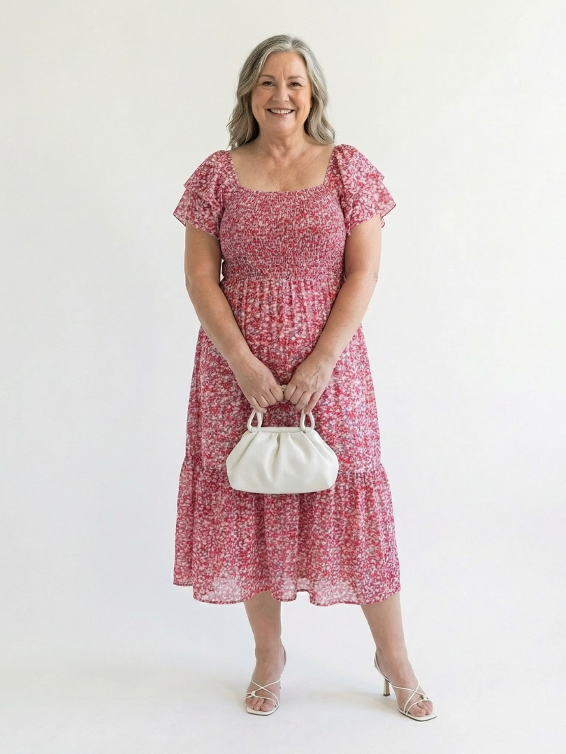 Odette | Vestido Midi Floral Fruncido con Hombros Descubiertos