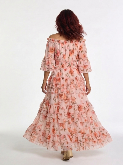 Rosalie | Vestido Maxi Floral con Volantes, Niveles y Hombros Descubiertos