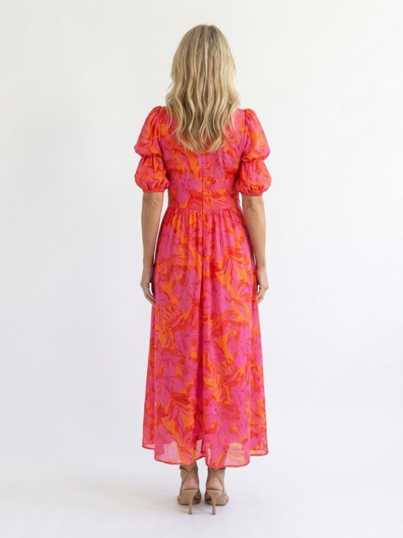 Willow | Vestido Midi Floral con Escote en V y Manga Abullonada