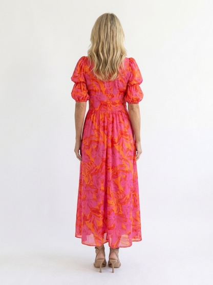 Willow | Vestido Midi Floral con Escote en V y Manga Abullonada