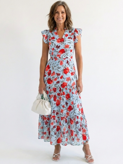 Lila | Vestido Midi Floral por Niveles con Escote en V