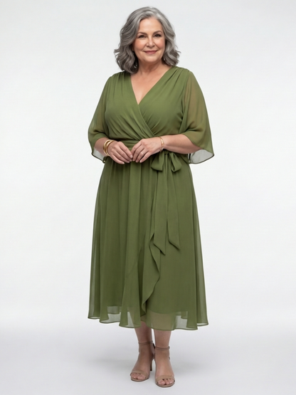 Elysia | Vestido Midi con Escote en V, Cintura Drapeada y Lazada