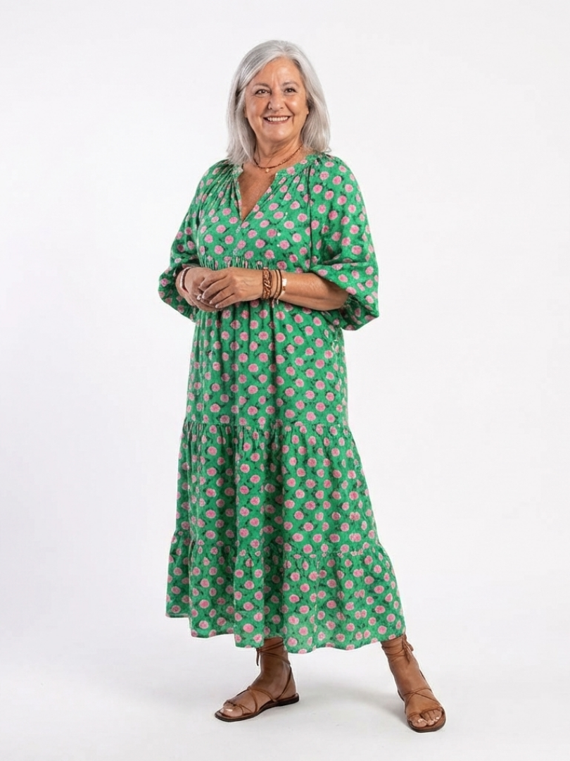 Fiora | Vestido Midi Floral por Niveles con Escote en V