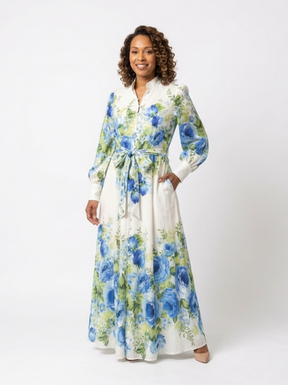 Harper | Vestido Maxi Floral de Manga Larga con Botones Delanteros