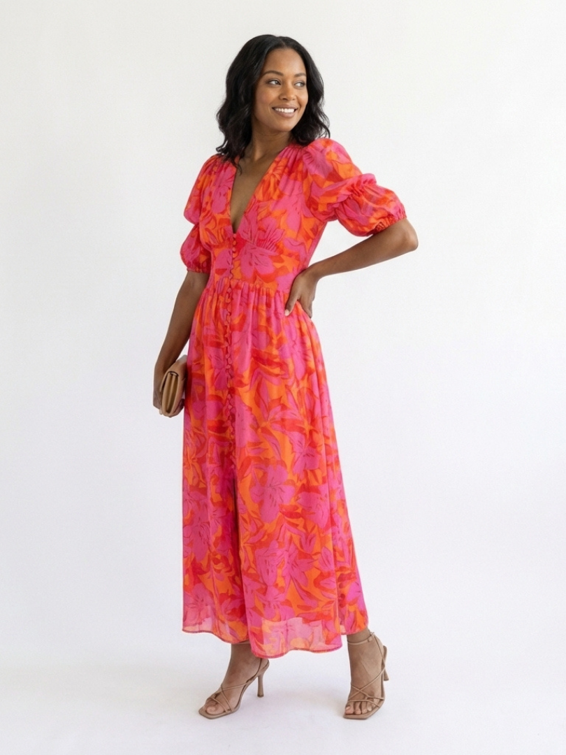 Willow | Vestido Midi Floral con Escote en V y Manga Abullonada