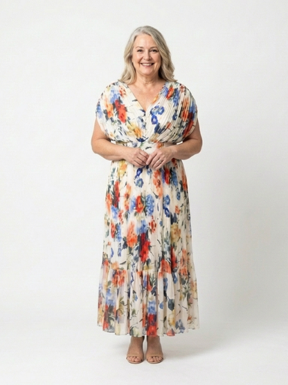 Savannah | Vestido Midi Floral Plisado de Manga Corta