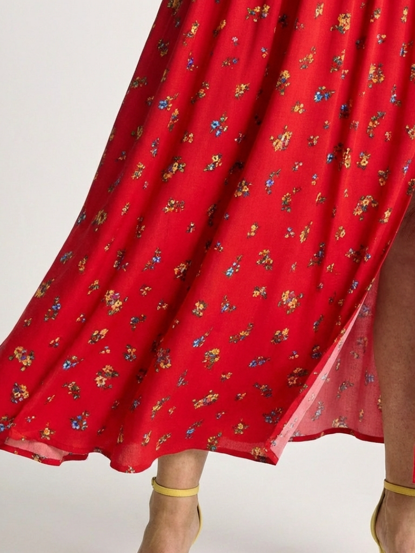 Delphine | Vestido Midi Floral con Cuello Cuadrado y Manga Abullonada