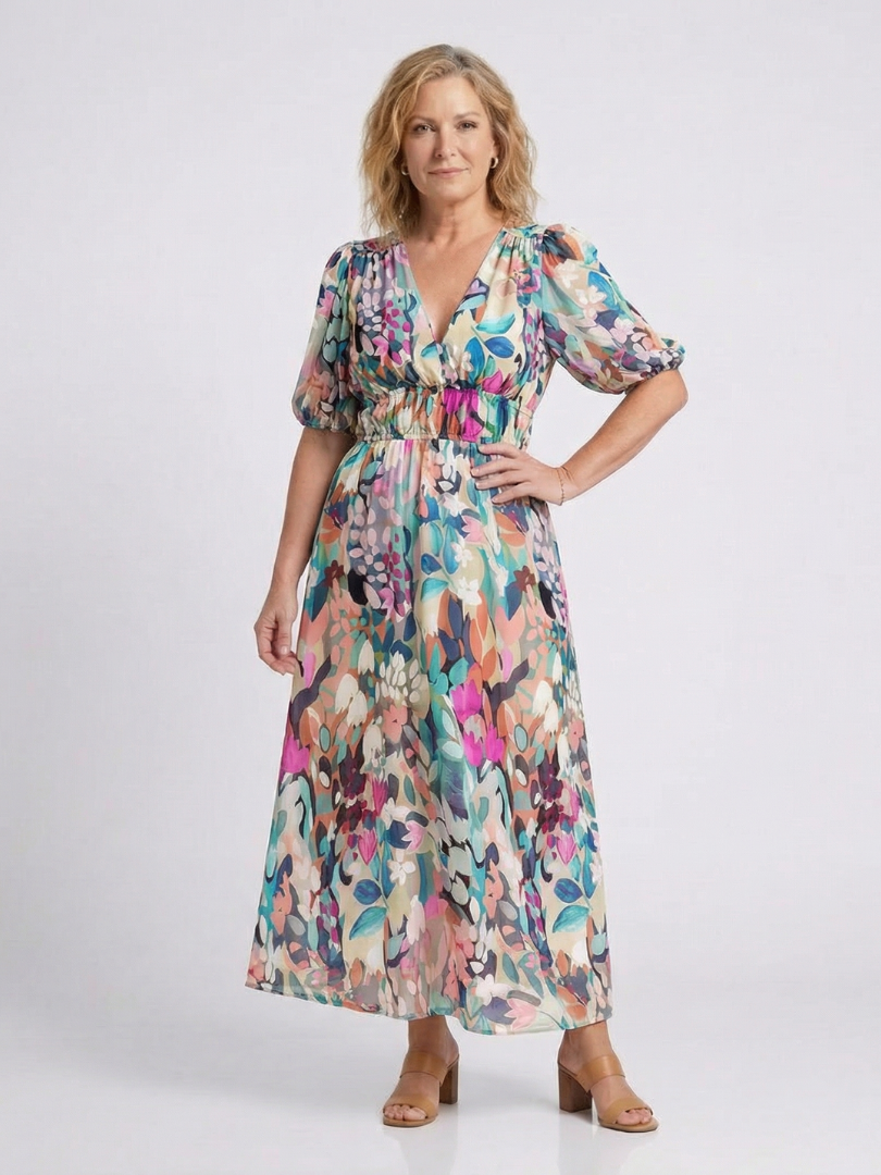 Eulalie | Vestido Midi con Escote en V, Manga Corta y Cintura Fruncida