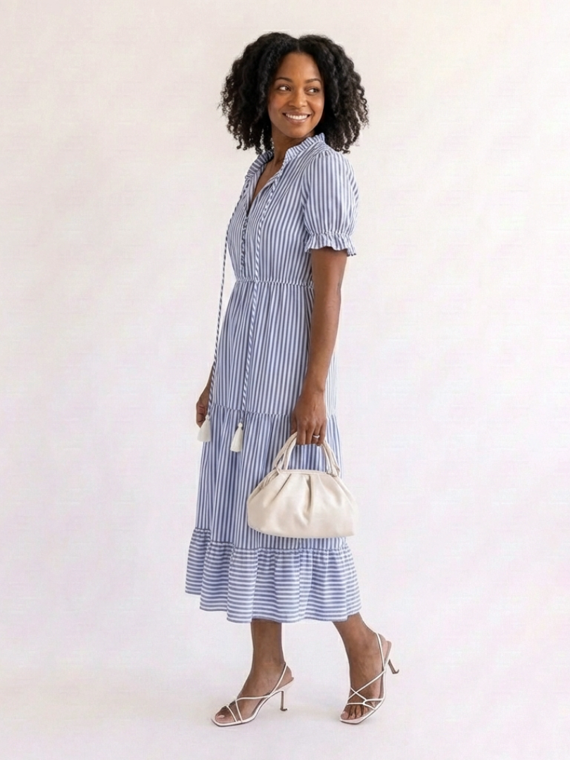 Dakota | Vestido Midi a Rayas por Niveles de Manga Corta