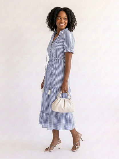 Dakota | Vestido Midi a Rayas por Niveles de Manga Corta