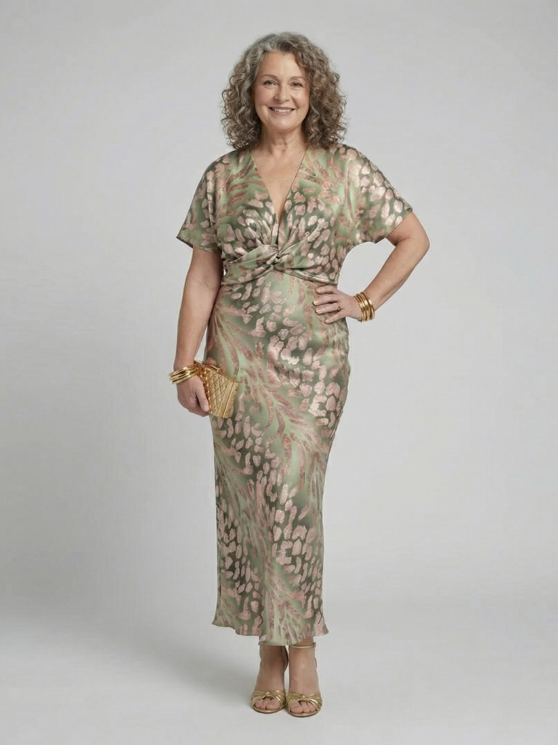 Coralie | Vestido Midi con Estampado Abstracto, Escote en V y Cintura Cruzada