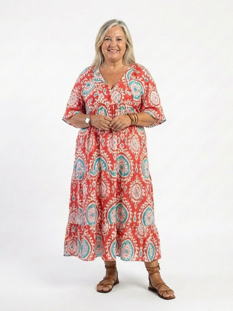 Zaria | Vestido Midi Paisley con Escote en V y Manga Corta