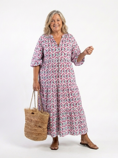 Mireya | Vestido Midi por Niveles de Manga Larga con Estampado Geométrico