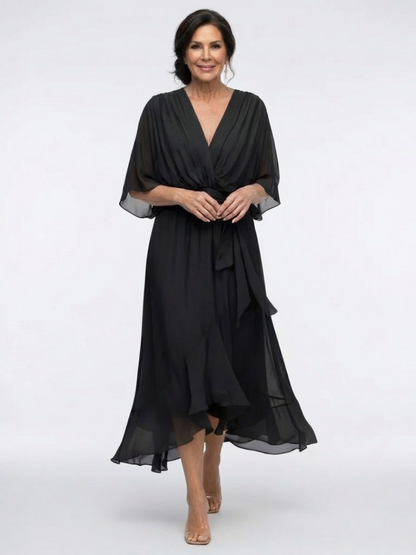 Elysia | Vestido Midi con Escote en V, Cintura Drapeada y Lazada