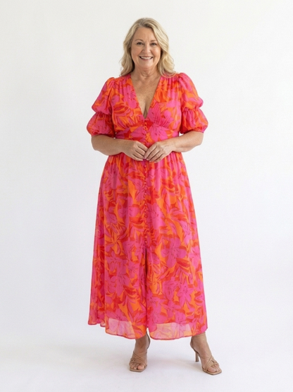 Willow | Vestido Midi Floral con Escote en V y Manga Abullonada