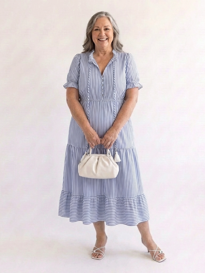 Dakota | Vestido Midi a Rayas por Niveles de Manga Corta