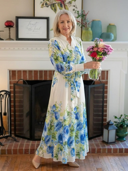 Harper | Vestido Maxi Floral de Manga Larga con Botones Delanteros