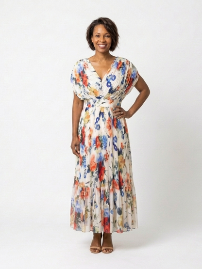 Savannah | Vestido Midi Floral Plisado de Manga Corta