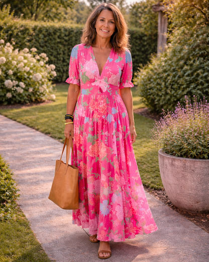 Ione | Vestido Midi Floral con Escote en V y Manga Corta