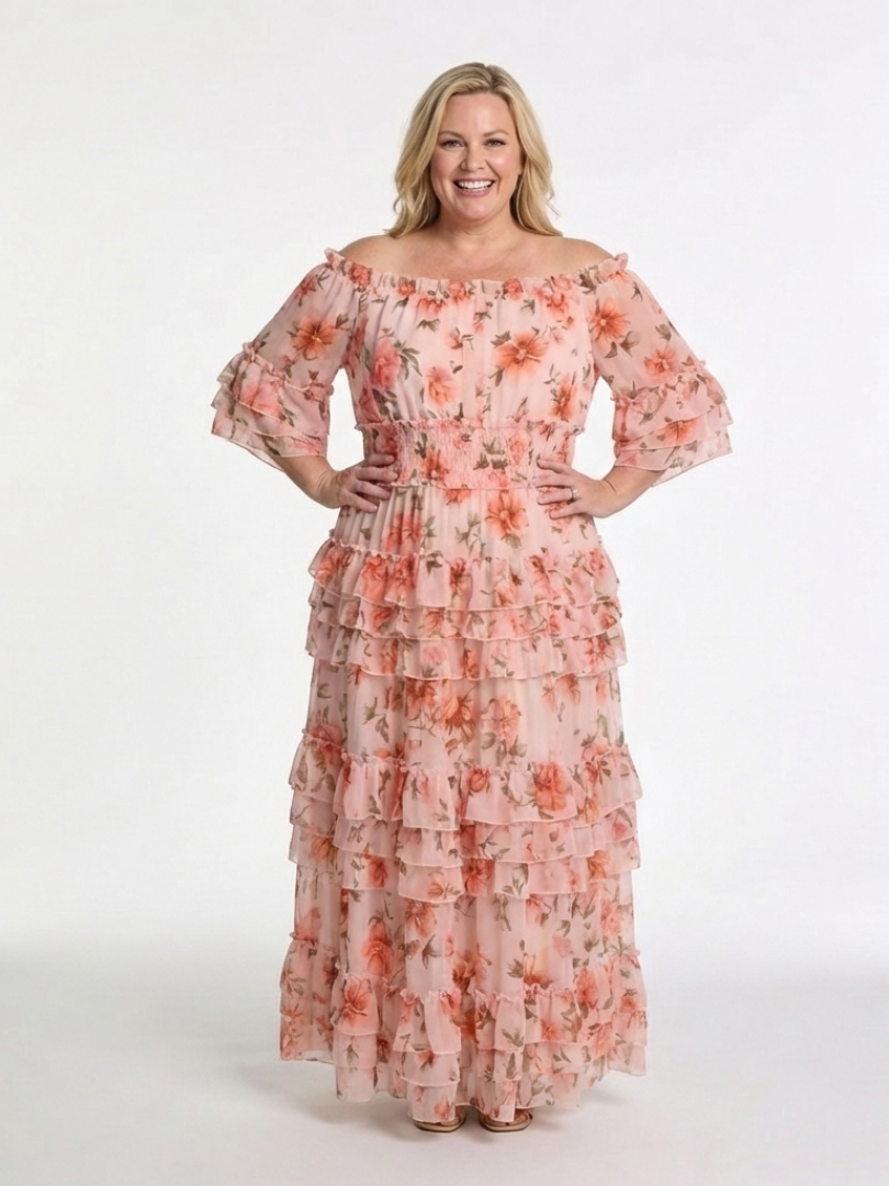 Rosalie | Vestido Maxi Floral con Volantes, Niveles y Hombros Descubiertos