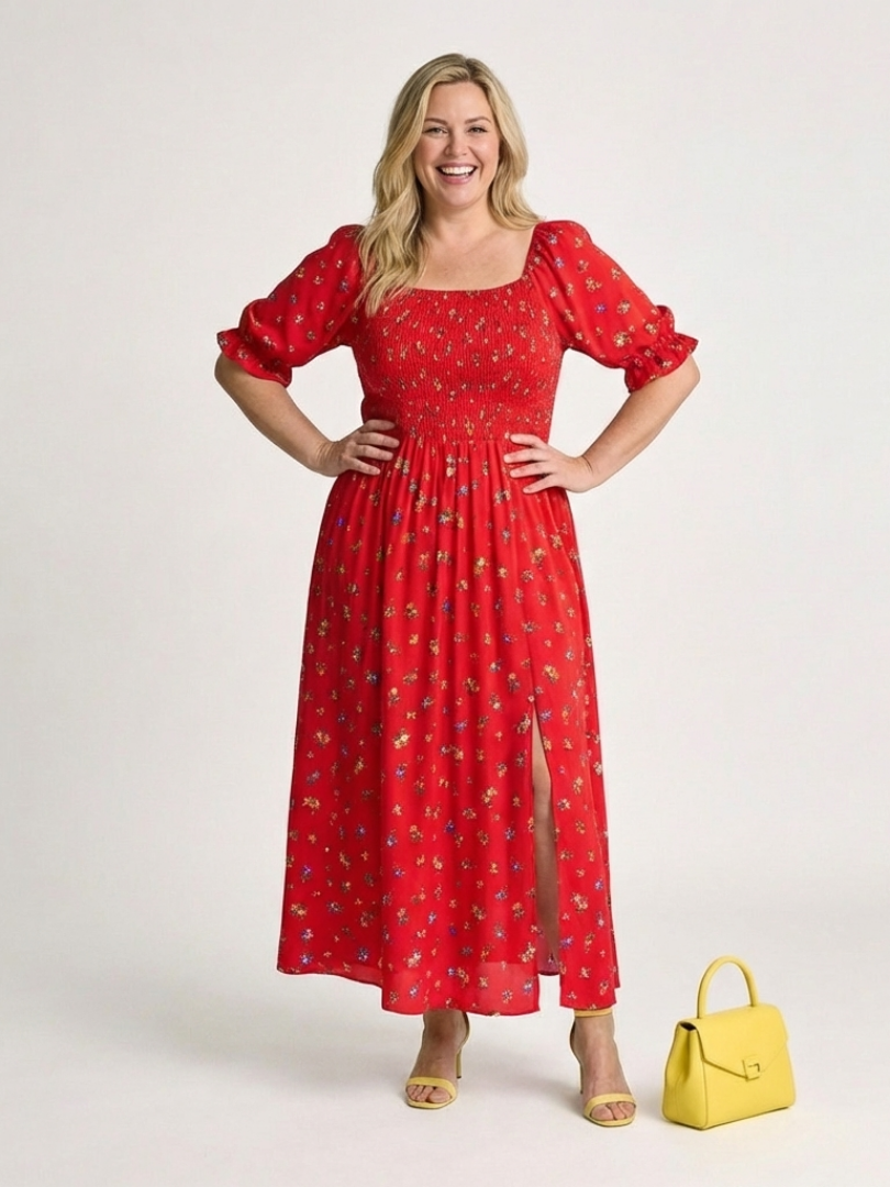 Delphine | Vestido Midi Floral con Cuello Cuadrado y Manga Abullonada
