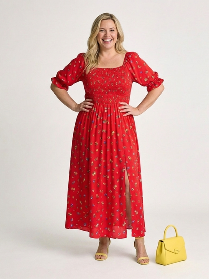 Delphine | Vestido Midi Floral con Cuello Cuadrado y Manga Abullonada