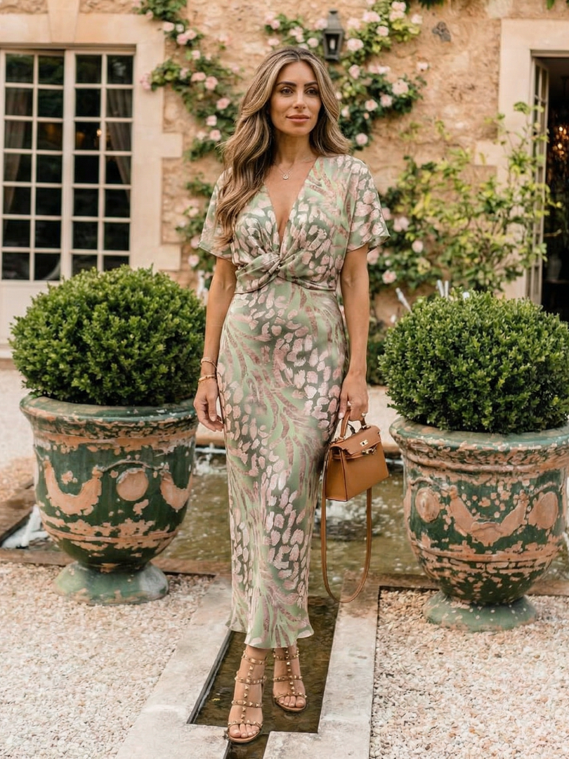 Coralie | Vestido Midi con Estampado Abstracto, Escote en V y Cintura Cruzada