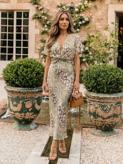 Coralie | Vestido Midi con Estampado Abstracto, Escote en V y Cintura Cruzada