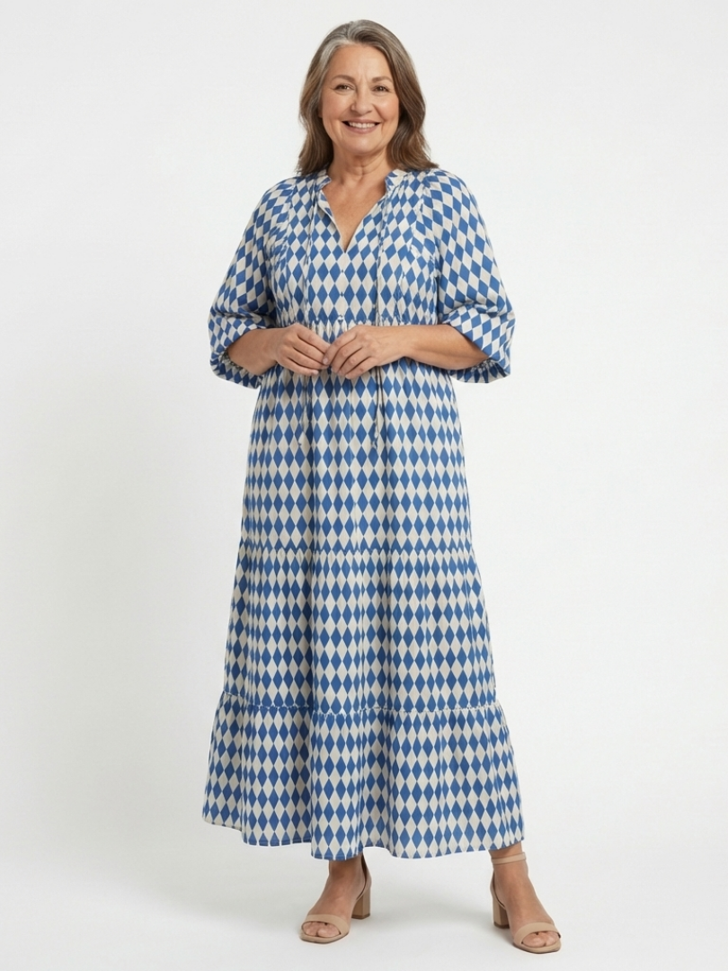 Elodie | Vestido Midi por Niveles con Estampado de Rombos