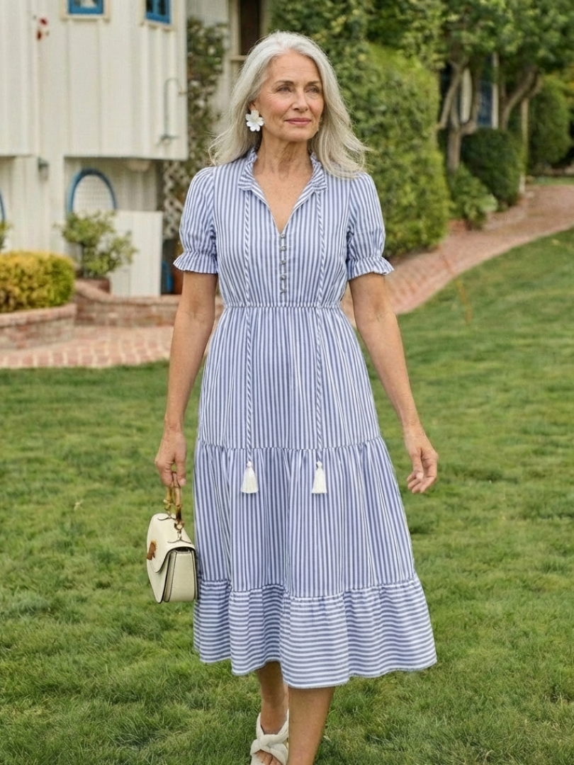 Dakota | Vestido Midi a Rayas por Niveles de Manga Corta