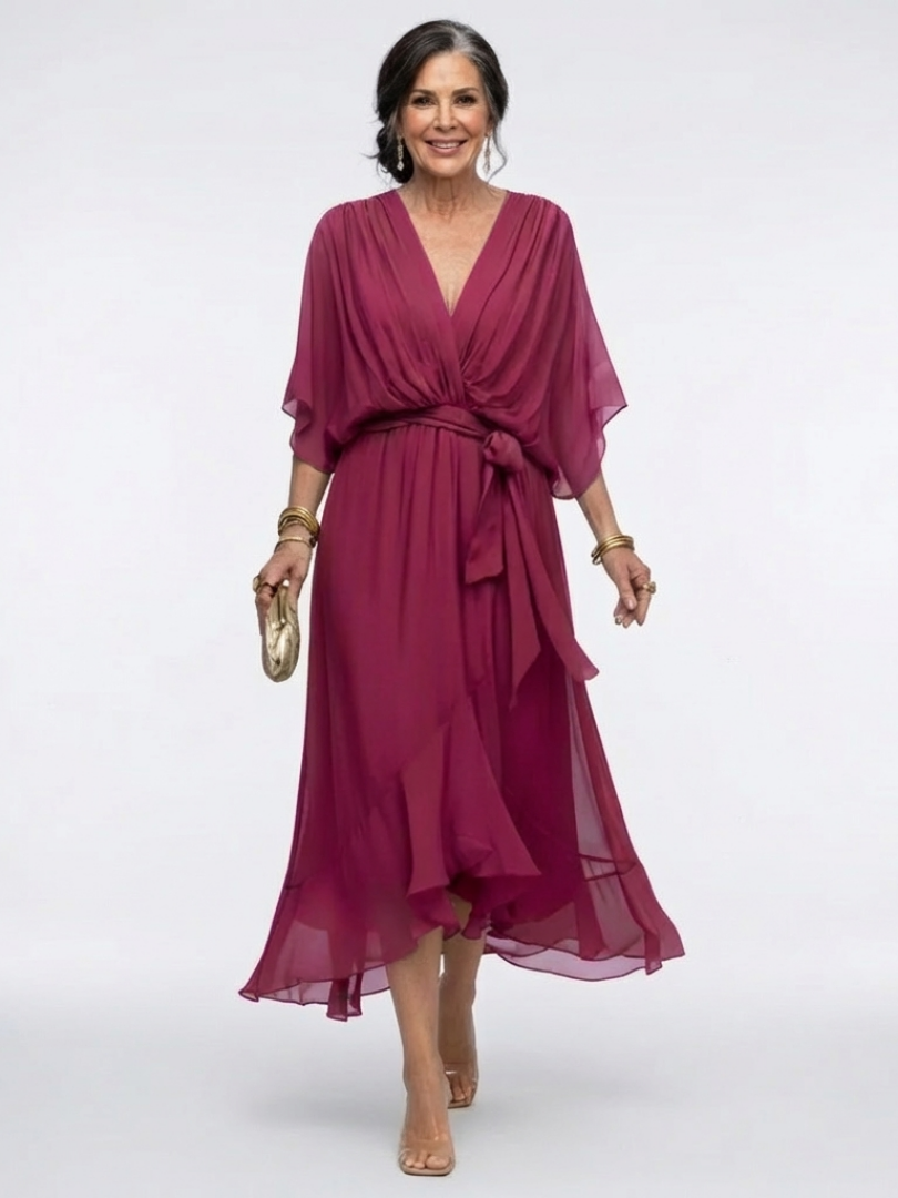 Elysia | Vestido Midi con Escote en V, Cintura Drapeada y Lazada