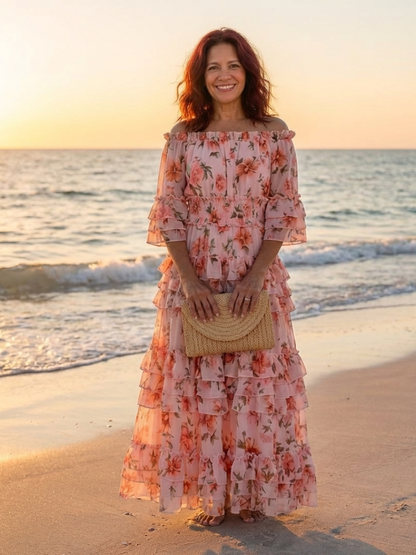 Rosalie | Vestido Maxi Floral con Volantes, Niveles y Hombros Descubiertos
