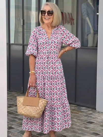 Mireya | Vestido Midi por Niveles de Manga Larga con Estampado Geométrico