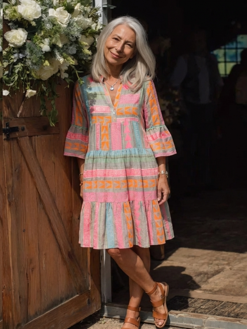 Maelle | Vestido hasta la Rodilla por Niveles con Estampado Geométrico y Escote en V