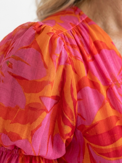 Willow | Vestido Midi Floral con Escote en V y Manga Abullonada