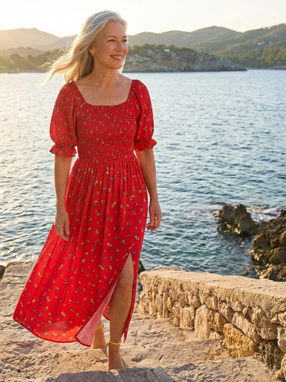 Delphine | Vestido Midi Floral con Cuello Cuadrado y Manga Abullonada