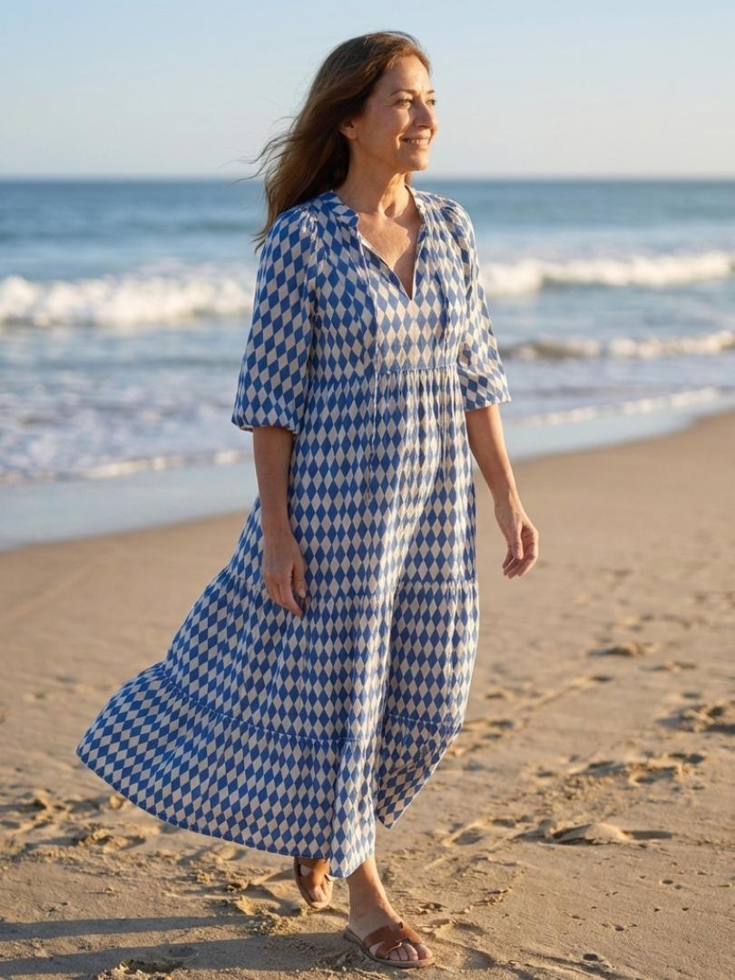 Elodie | Vestido Midi por Niveles con Estampado de Rombos