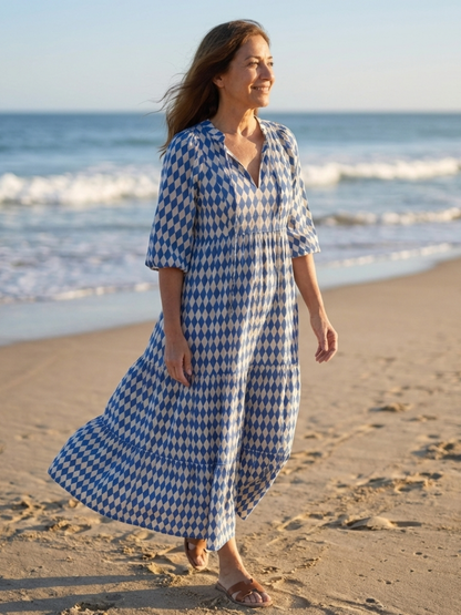 Elodie | Vestido Midi por Niveles con Estampado de Rombos