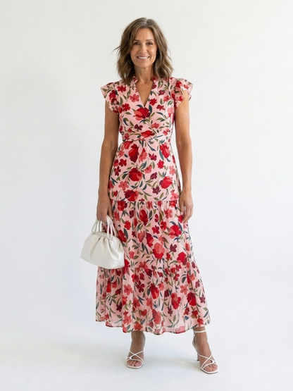 Lila | Vestido Midi Floral por Niveles con Escote en V