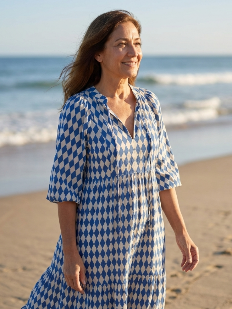 Elodie | Vestido Midi por Niveles con Estampado de Rombos