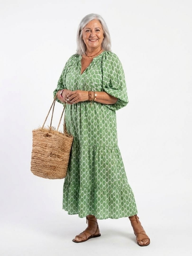 Apolline | Vestido Midi con Estampado y Escote en V de Manga Tres Cuartos