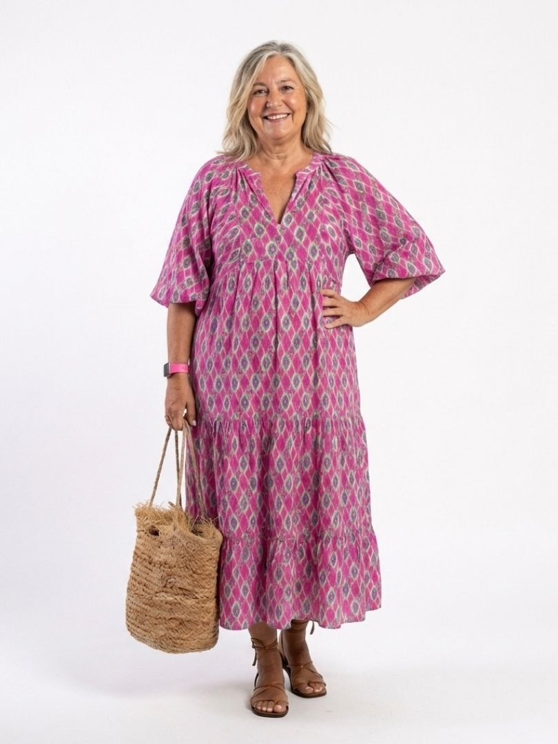 Apolline | Vestido Midi con Estampado y Escote en V de Manga Tres Cuartos