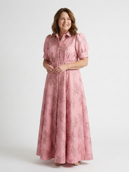 Xanthea | Vestido Camisero Maxi Floral Texturizado de Manga Corta con Cinturón
