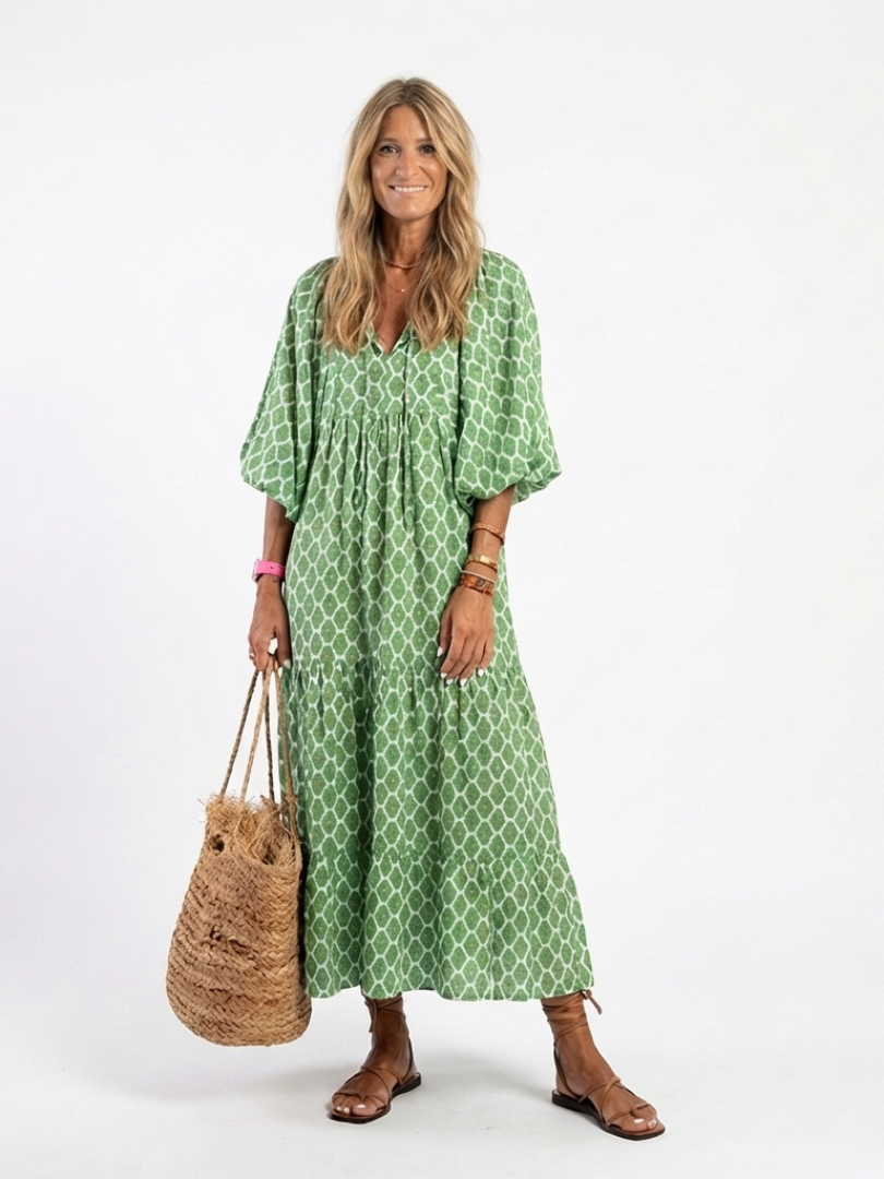 Apolline | Vestido Midi con Estampado y Escote en V de Manga Tres Cuartos